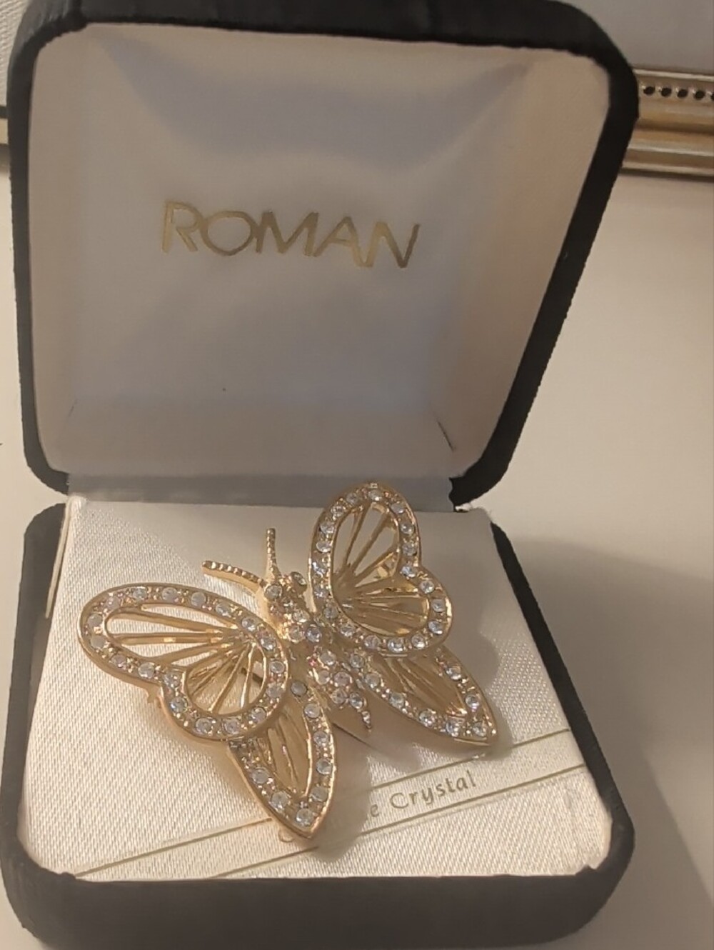 Vintage Roman Gold Butterfly Crystal Pin Brooch